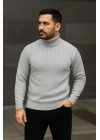 Erkek Tam Boğazlı Balıkçı Yaka Triko Kazak Kalın Fitilli -  Gri