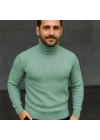 Erkek Tam Boğazlı Balıkçı Yaka Triko Kazak Kalın Fitilli - Mint Yeşili