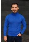 Erkek Tam Boğazlı Balıkçı Yaka Triko Kazak Kalın Fitilli - Saks Mavisi
