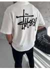 Erkek Tişört Bisiklet Yaka Baskılı Oversize Kısa kol T-Shirt - Beyaz