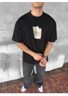 ERKEK Tişört Kısa Kol Ön ve Arka Baskılı Oversize Bisiklet Yaka T-shirt - Siyah