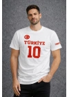 Erkek TÜRKİYE Ay Yıldız Baskılı 10 Numara Forma Tişört Taraftar T-Shirt - Beyaz