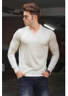 Erkek V Yaka Kazak Uzun Kol Düz Dokuma Triko - Krem