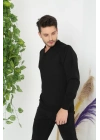 Erkek V Yaka Kazak Uzun Kol Düz Dokuma Triko - Siyah