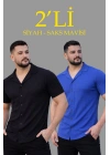 Erkek Waffle Kumaş Açık Yakalı Düğmeli Regular Fit Gömlek 2’li Set Siyah-Saks Mavisi