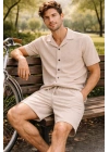 Erkek Waffle Kumaş Kısa Kol Gömlek Şort Takım Regular Yazlık İkili Set - Bej