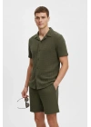 Erkek Waffle Kumaş Kısa Kol Gömlek Şort Takım Regular Yazlık İkili Set - Haki