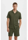 Erkek Waffle Kumaş Kısa Kol Gömlek Şort Takım Regular Yazlık İkili Set - Haki