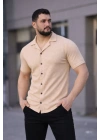 Erkek Waffle Kumaş Kısa Kollu Düğmeli Açık Yaka Regular Fit Gömlek - Bej