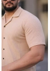 Erkek Waffle Kumaş Kısa Kollu Düğmeli Açık Yaka Regular Fit Gömlek - Bej