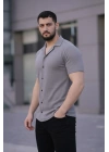Erkek Waffle Kumaş Kısa Kollu Düğmeli Açık Yaka Regular Fit Gömlek - Gri