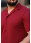 Erkek Waffle Kumaş Kısa Kollu Düğmeli Açık Yaka Regular Fit Gömlek - Kırmızı