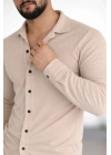 Erkek Waffle Kumaş Uzun Kollu Düğmeli Açık Yaka Regular Fit Gömlek - Bej