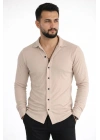Erkek Waffle Kumaş Uzun Kollu Düğmeli Açık Yaka Regular Fit Gömlek - Bej