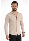 Erkek Waffle Kumaş Uzun Kollu Düğmeli Açık Yaka Regular Fit Gömlek - Bej