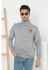 Erkek Yarım Bağazlı Kazak Baskılı Dokuma Triko - Gri