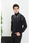Erkek Yarım Bağazlı Kazak Baskılı Dokuma Triko - Siyah