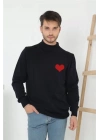 Erkek Yarım Bağazlı Kazak Kalp Baskılı Dokuma Triko - Siyah