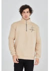 Erkek Yarım Fermuarlı Baskılı 3 iplik pamuklu sweatshirt - Bej
