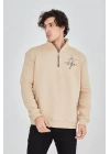 Erkek Yarım Fermuarlı Baskılı 3 iplik pamuklu sweatshirt - Bej