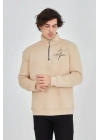Erkek Yarım Fermuarlı Baskılı 3 iplik pamuklu sweatshirt - Bej