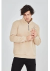 Erkek Yarım Fermuarlı Baskılı 3 iplik pamuklu sweatshirt - Bej