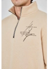 Erkek Yarım Fermuarlı Baskılı 3 iplik pamuklu sweatshirt - Bej
