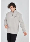 Erkek Yarım Fermuarlı Baskılı 3 iplik pamuklu sweatshirt - Boyalı Gri