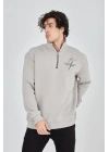 Erkek Yarım Fermuarlı Baskılı 3 iplik pamuklu sweatshirt - Boyalı Gri