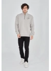 Erkek Yarım Fermuarlı Baskılı 3 iplik pamuklu sweatshirt - Boyalı Gri
