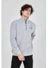 Erkek Yarım Fermuarlı Baskılı 3 iplik pamuklu sweatshirt - Gri