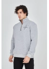 Erkek Yarım Fermuarlı Baskılı 3 iplik pamuklu sweatshirt - Gri