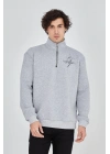 Erkek Yarım Fermuarlı Baskılı 3 iplik pamuklu sweatshirt - Gri
