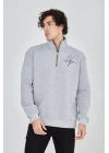 Erkek Yarım Fermuarlı Baskılı 3 iplik pamuklu sweatshirt - Gri