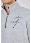 Erkek Yarım Fermuarlı Baskılı 3 iplik pamuklu sweatshirt - Gri