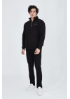 Erkek Yarım Fermuarlı Baskılı 3  iplik pamuklu sweatshirt - Siyah