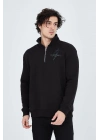Erkek Yarım Fermuarlı Baskılı 3  iplik pamuklu sweatshirt - Siyah
