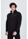 Erkek Yarım Fermuarlı Baskılı 3  iplik pamuklu sweatshirt - Siyah