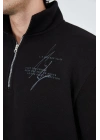 Erkek Yarım Fermuarlı Baskılı 3  iplik pamuklu sweatshirt - Siyah