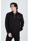 Erkek Yarım Fermuarlı Baskılı 3  iplik pamuklu sweatshirt - Siyah