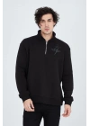 Erkek Yarım Fermuarlı Baskılı 3  iplik pamuklu sweatshirt - Siyah