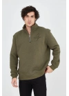 Erkek Yarım Fermuarlı Baskılı 3 iplik pamuklu sweatshirt - Yeşil