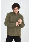 Erkek Yarım Fermuarlı Baskılı 3 iplik pamuklu sweatshirt - Yeşil