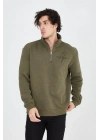 Erkek Yarım Fermuarlı Baskılı 3 iplik pamuklu sweatshirt - Yeşil