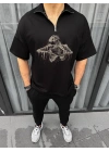 Erkek Yarım Fermuarlı Baskılı Oversize T-Shirt - Siyah