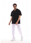 Erkek Yarım Fermuarlı Düz Oversize T-shirt - Siyah