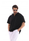 Erkek Yarım Fermuarlı Düz Oversize T-shirt - Siyah