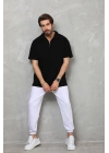 Erkek Yarım Fermuarlı Düz Oversize T-shirt - Siyah