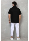 Erkek Yarım Fermuarlı Düz Oversize T-shirt - Siyah