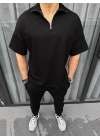 Erkek Yarım Fermuarlı Kısa kol T-Shirt - Siyah